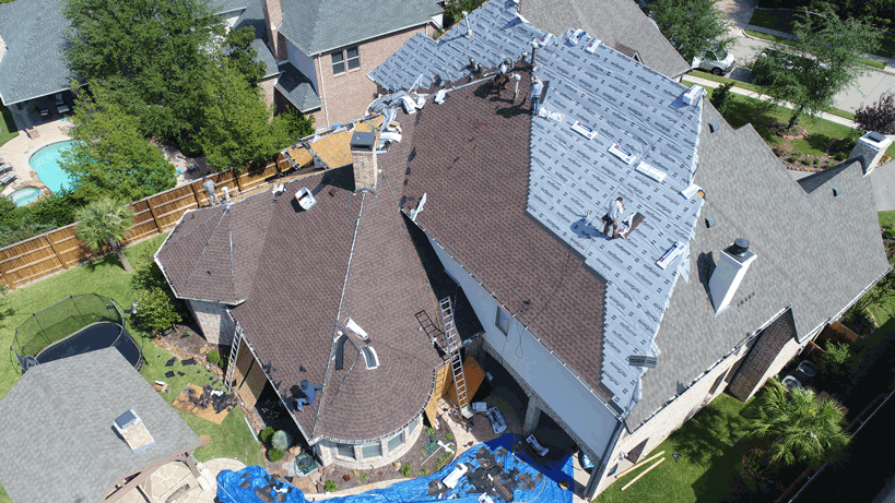 Commercial roof with shingles.